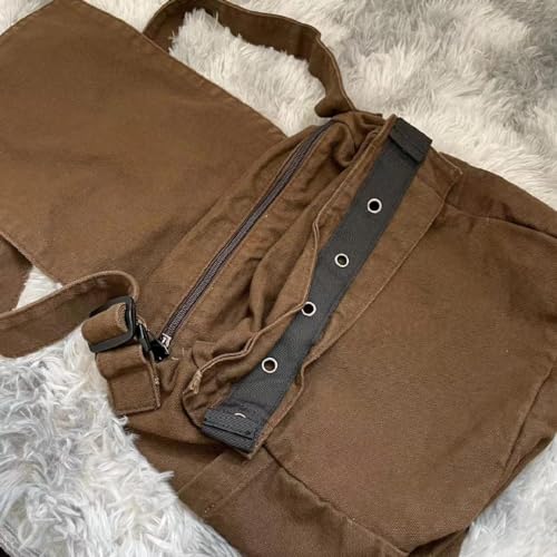 Canvas Messenger Bag for Women Vintage Crossbody Bag Star Patch Grunge Shoulder Bag (Brown)