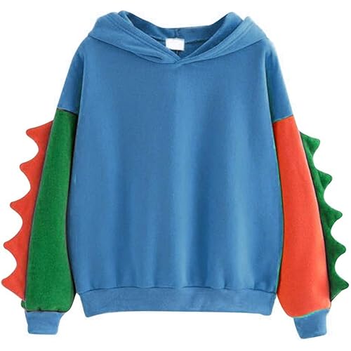 Women Casual Loose Color Block Long Sleeve Dinosaur Hoodies Pullover Tops Hooded Sweatshirt