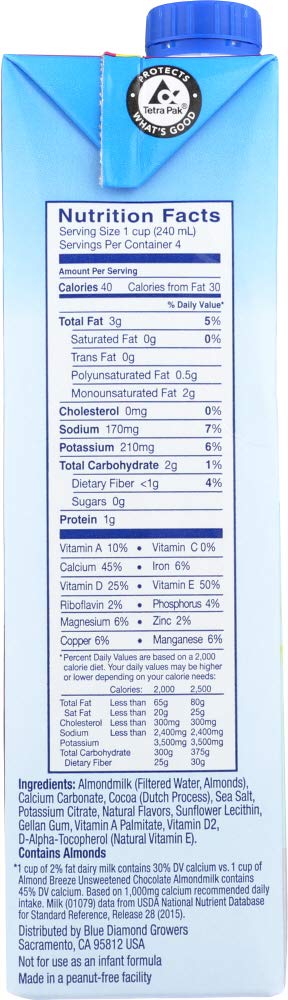 Blue Diamond Almond Breeze Unsweetened Almond Milk, Chocolate 32 fl oz (Pack of 6)