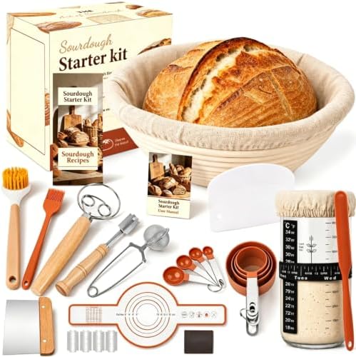 Terlulu 21-teiliges Sauerteig Starter Set, Rattan Gärkörbchen 23cm rund mit 800ml Sauerteig Glas Set, Komplettes Brotbackzubehör Kit, Brot Backen Zubehör für Einsteiger und Erfahre