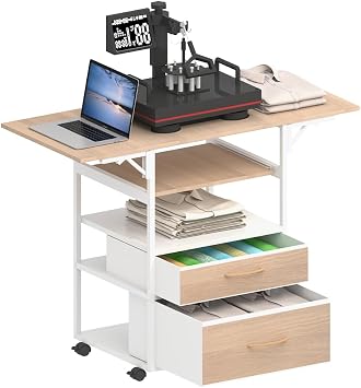Movable Heat Press Table with Pull-Out Tray, 4 Tier Foldable Stand - Heat Press Stand with Wheels for Easy Mobility, Heavy Duty Rolling Metal Workbench White-D