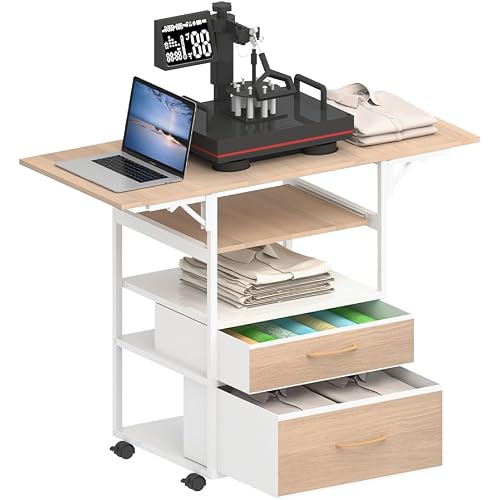 Movable Heat Press Table with Pull-Out Tray, 4 Tier Foldable Stand - Heat Press Stand with Wheels for Easy Mobility, Heavy Duty Rolling Metal Workbench (White-D)