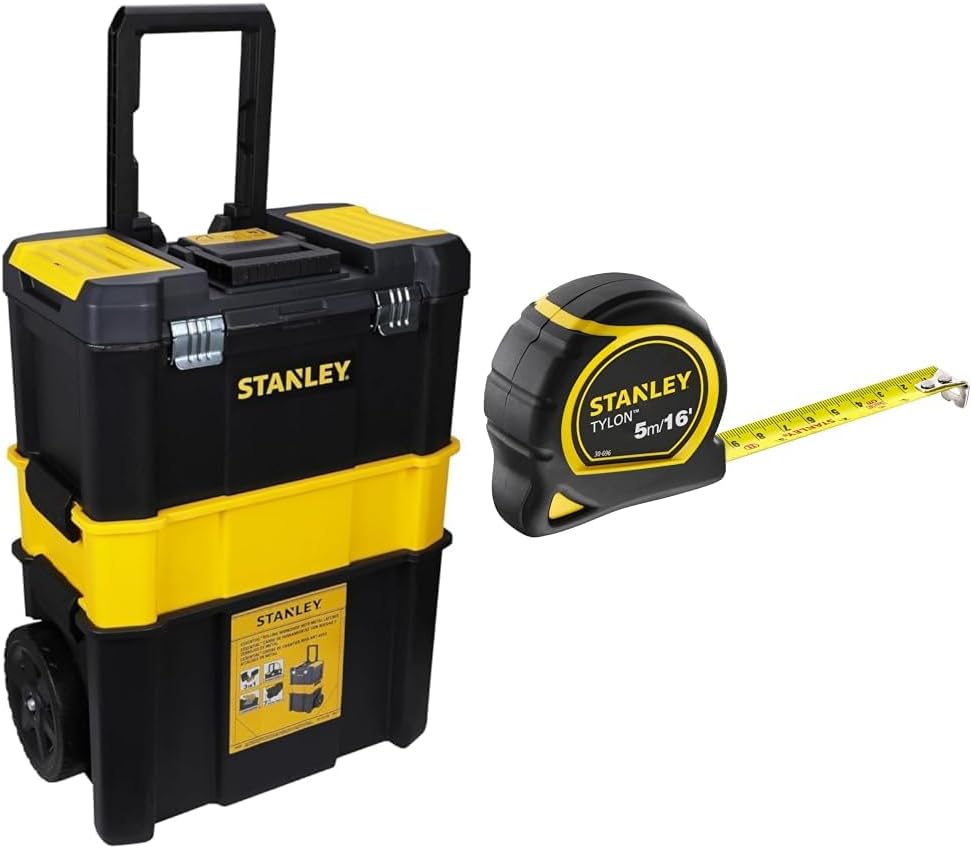STANLEY Essential Rolling Workshop Toolbox, 3 Tier Stackable Units, STST1-80151 & TYLON Tape Measure 5M/16 Inches Compact Case with Cushioned Grip Metric and Imperial System 1-30-696