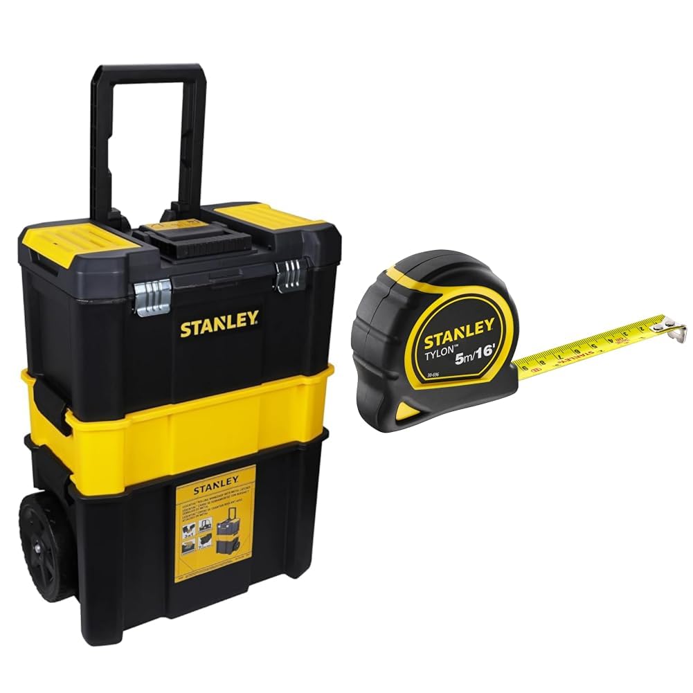 STANLEYEssential Rolling Workshop Toolbox, 3 Tier Stackable Units, STST1-80151 & TYLON Tape Measure 5M/16 Inches Compact Case with Cushioned Grip Metric and Imperial System 1-30-696