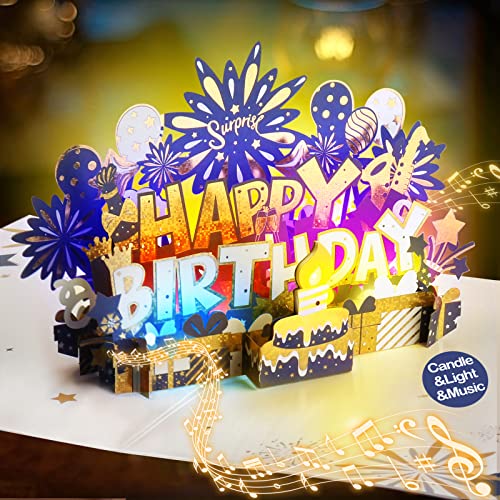 Inpher Large Birthday Card Blow Out Candle Light And Music Pop Up Happy Birthday Card Musical Birthday Gift Greeting Cards Birthday Cards For Mom, Dad, Husband, Wife, Sister, Navy Blue #TOP6