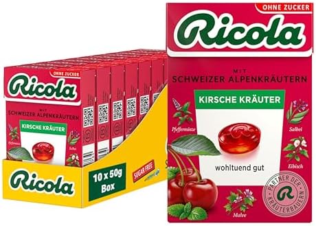 Ricola Kirsche Kräuter, 10 Böxli Original Schweizer Kräuter-Bonbons mit 13 Alpenkräutern und fruchtiger Kirsche, zuckerfrei, Vorrats-Box, 10 x 50g