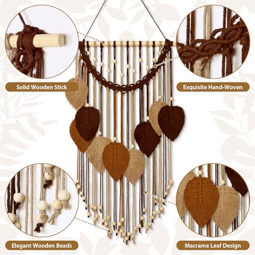 Miniatura 4 de Weldomcor Tapiz Colgante De Pared De Macramé Boho Con Hojas Tejidas, Decoración Del Hogar Bohemia Elegante Moderna Hecha A Mano Con Hojas Y Plumas Arte De Pared Decoraciones Para Dormitorio Sala De