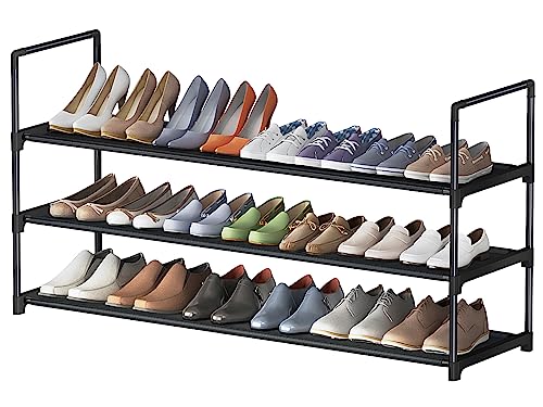 HITHIM 3 Tier Long Shoe Rack,Stackable Wide Shoe Shelf for Shoe Storage,Sturdy Shoe Stand,Non-Woven Fabric Shoe Organizer for Closet,Upgrade Shoe Holder for Entryway