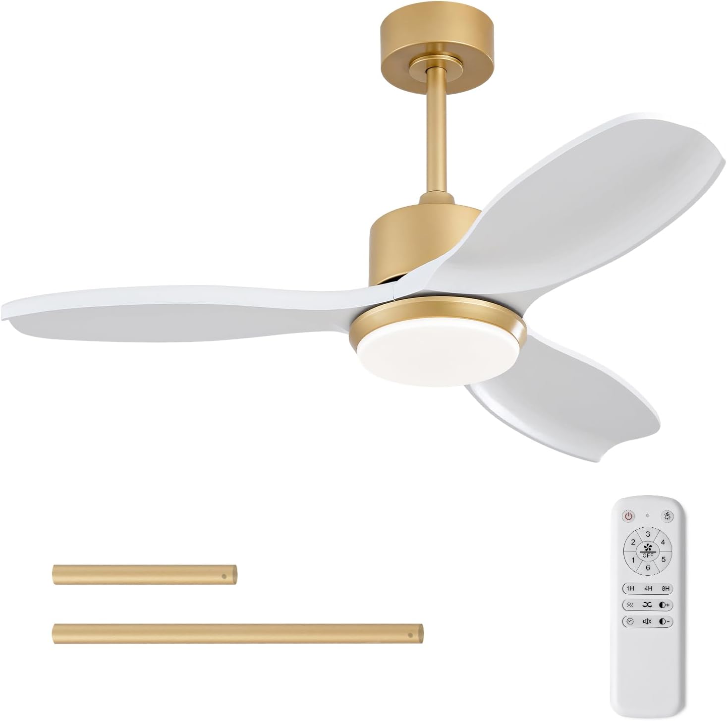 KBZZ Size 42 Inch Color White Gold Ceiling Fans with Lights and Remote, 3 Blade Wood Ceiling Fan with Light, Dimmable, Memory Function, Reversible DC Motor, Modern Indoor Outdoor Ceiling Fans for Patios Bedroom
