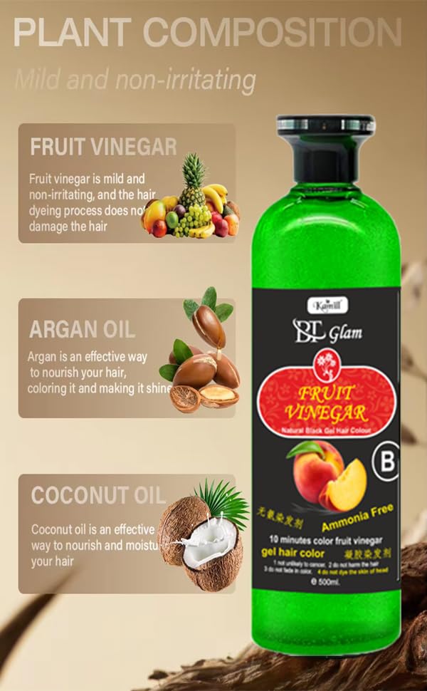 Image of Kamill BT Glam Fruit Vinegar Gel Hair Color Black 1000ml | Stain Free | Organic & Natural Hair Dye | No Ammonia | Hair Gel Color for Men & Women | Long Lasting | Covers Grey | Natural Black Dye