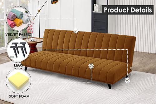 Image of Rosebell- Velvet Fabric Sofa Cum Bed 3-Seater Foldable Convertible Sofa, Modern Tufted Design Couch for Living Room, Guest Room & Office Golden Color