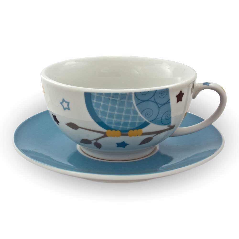 Porzellan Tee Set Tea for one Teeservice Eule blau weiß Teekanne Tasse Untersetzer