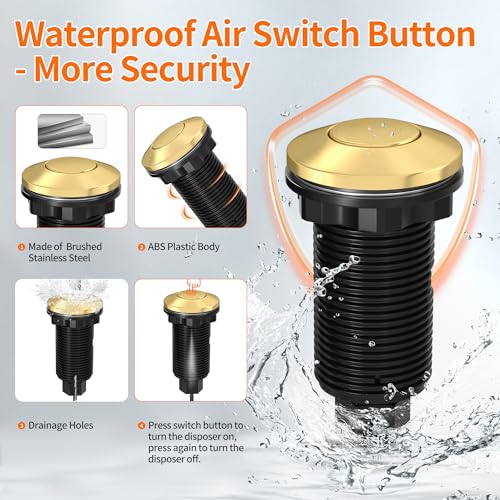 Image of Joinfworld Garbage Disposal Air Switch Kit Waterproof Garbage Disposal Button Kit with Long Garbage Disposal Switch Brushed Brass /Brushed Champagne - UL Listed