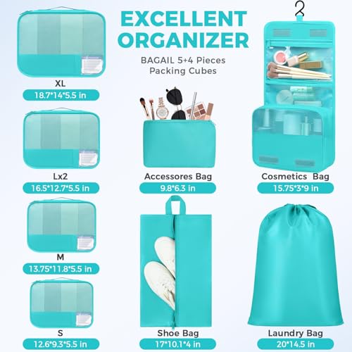 Image of BAGAIL 9 Set Packing Cubes with Packing List Luggage Packing Organizers for Travel Accessories (Blue Green)