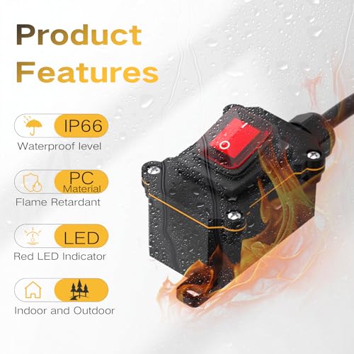 STARELO Extension Cord with on/Off Switch, IP66 Waterproof,Inline Power Switch with 6FT 16AWG Cable Piggyback Plug(3-Pronged), Outdoor Power Switch AC/DC 20A-125V, 16A-250V, Red Light Rocker Button by STARELO - Used condition - Image 4