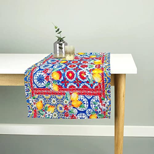Sicilian Majolica Lemon Table Runner - Sicilian Decor Table Centerpiece, Sicilian Tiles Print Table Runner, Mediterranean Home Decor (14 X 40) #TOP1