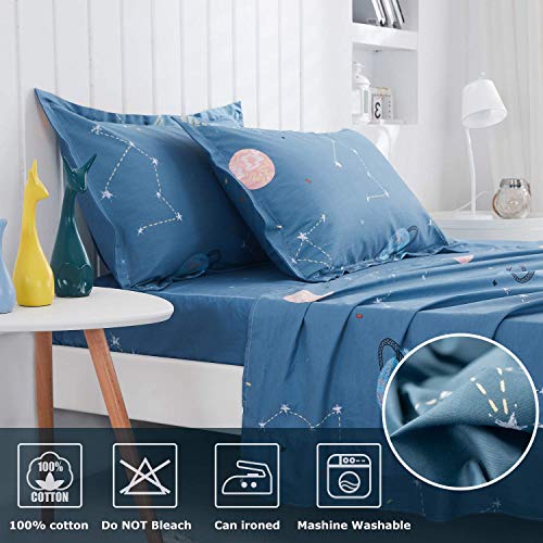 Fadfay Cotton Bedding 7 Piece Queen Size Outer Space Sheet Navy Constellation Planet Duvet Cover Set Reversible Deep Pocket Fitted Sheet Pillowcase #TOP5