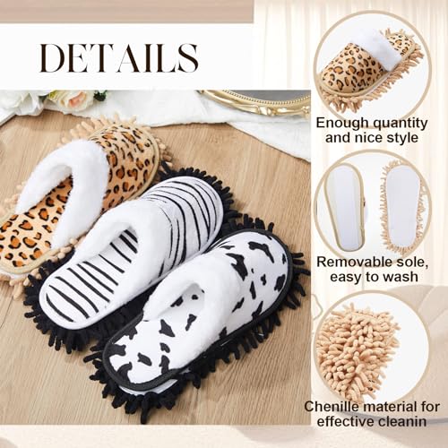 Image of HooLing 6 Pairs Microfiber Dusting Cleaning Mop Slippers - Unisex Shoes With Cow Zebra Leopard Print for Office Home Room (Women 8-10 / Men 7-9)