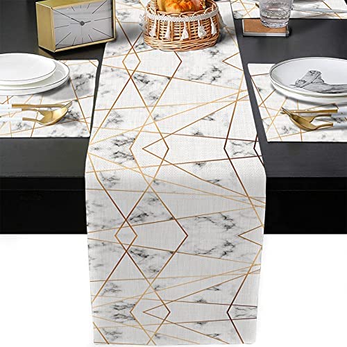 Emvency White And Gold Geometric Placemats For Dining Table Set Of 6 And Table Runner,Marble Cotton-Linen Heat Resistant Table Runner And Placemats Set For Party Banquet Wedding Decor #TOP4