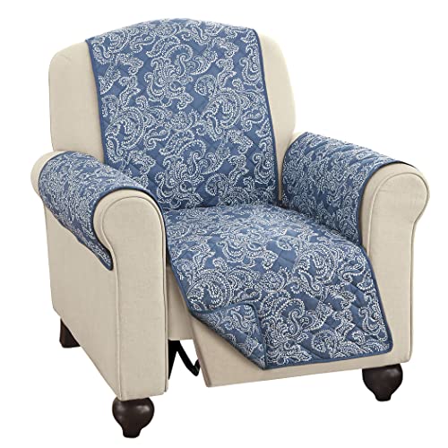 Collections Etc Quilted Paisley Reversible Furniture Protector Cover, Reverse to Solid Colors - Decorative Home Solutions, Blue, Recliner