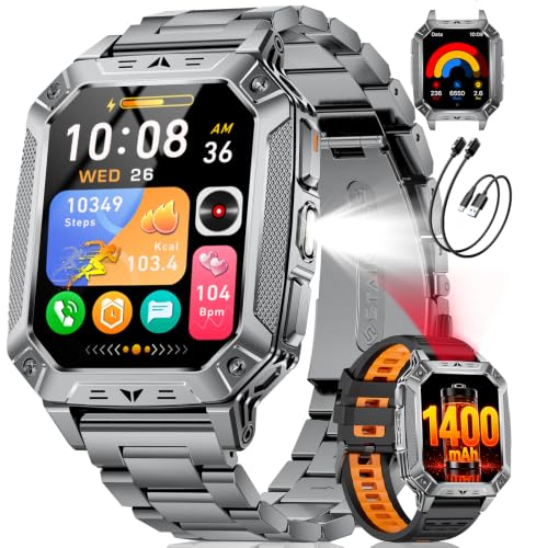 LIGEON 1400 mAh Smartwatch Uomo 20 Giorni Autonomia Grande Batteria 2,0″ HD Orologio Chiamate Bluetooth,Monitor Frequenza Cardiaca/Sonno/Lampada LED,2 Caricabatterie,Orologio Fitness,Grigio