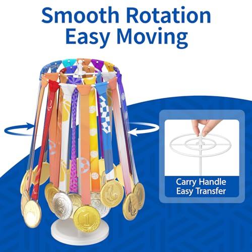 Image of Medal Holder Display Trophy Shelf Organizer, Sturdy Wooden Race Award Hanger Rack with 25 Steel Hooks, Wall Mount Storage Stand for Sports Fans, Cheer Success
