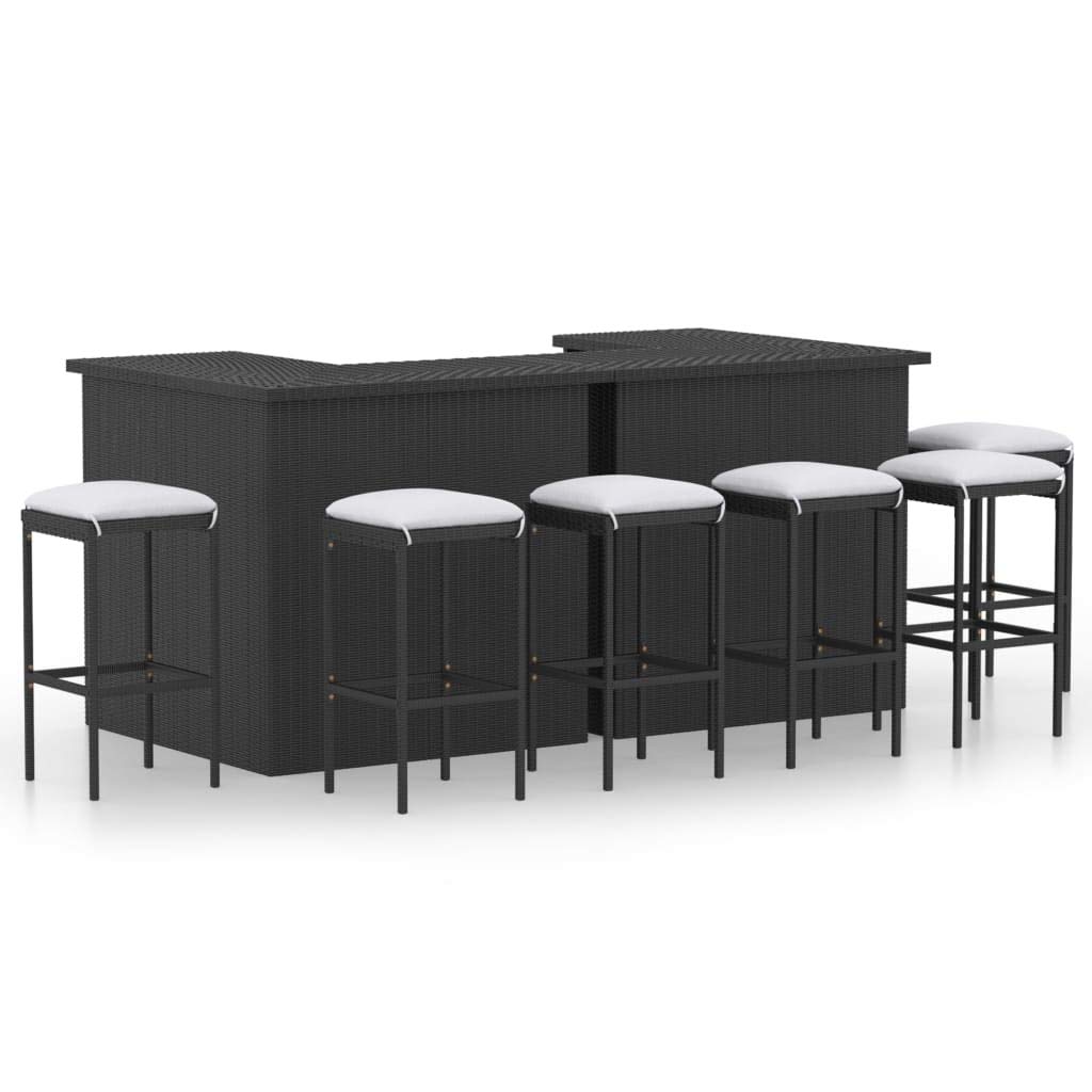 Ensemble de bar de jardin 8 pièces avec coussins en polyrotin noir, ensemble de meubles de jardin, salle à manger d'extérieur pour repas confortables en plein air