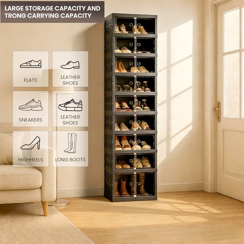 Image of Foldable Shoe Organizer Storage Box, Portable Extra Large Folding Shoe Rack for Closet, Shoe Storage Box with Magnetic Transparent Door and Wheels, 9 Layers 18 Grids with 2 Big Grids