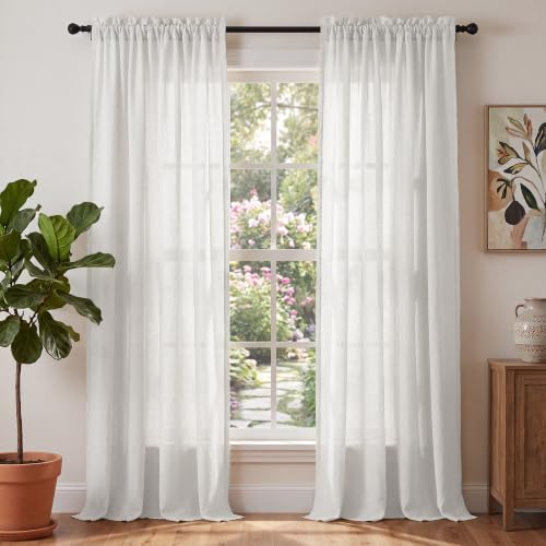 PrinceDeco Linen Semi Sheer Curtains for Living Room,52x108 inch, Off White
