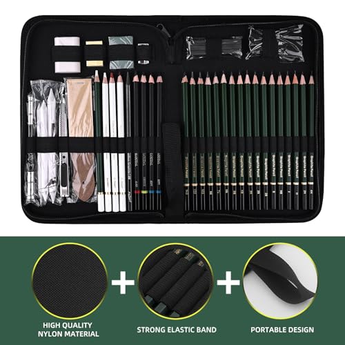 Xin Bowen: Pacote com 43 lápis de esboço para kit de desenho com caderno, lápis, carvão, grafite e m