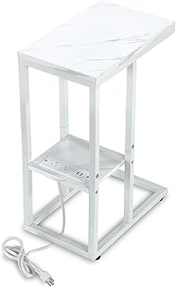 C Shaped End Table with Charging Station and USB Ports, Faux Marble White Wood Small Side Table, Sofa Couch Table Bedside Table for Living Room/Bedroom,Side Tables for Small Space