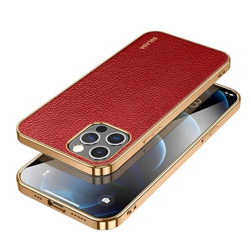 Coque iPhone 15 Pro Max en cuir litchi de luxe avec cadre doré élégant