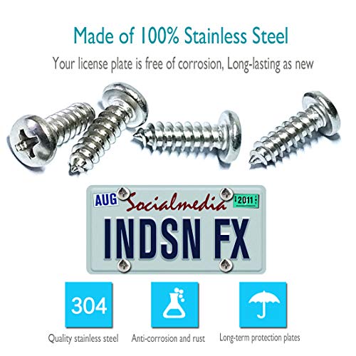 Aootf Stainless Steel License Plate Screws-8PC M6X20mm Rust Resistant Stainless Steel Screw, Self Tapping Car Tag Bolt Fastener for Securing Number Plate Frame, Chrome Caps, Anti-Rattle Pad