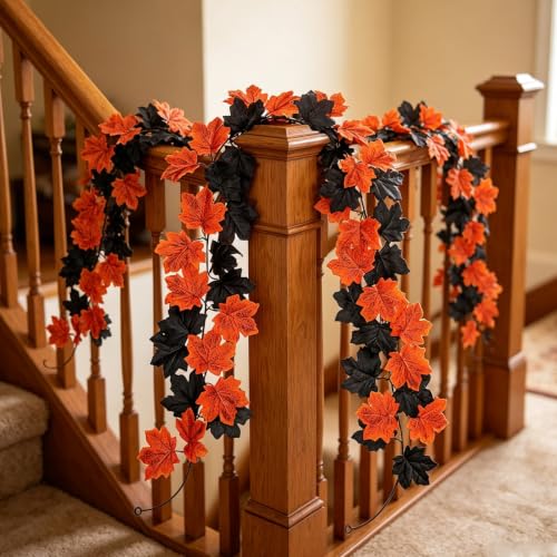 2 Pack 6.5FT Artificial Autumn Halloween Garland with Maple Leaf Decor (Red) - image 5