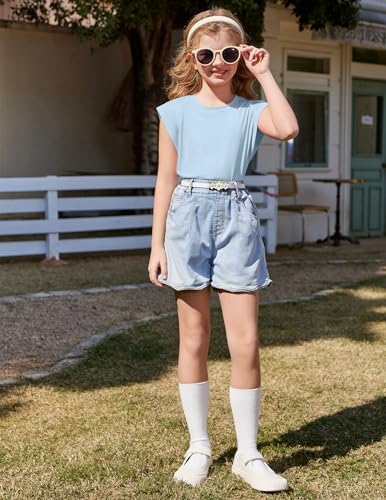 Image of Arshiner Girls T Shirts Cap Sleeves Casual Summer Tops Crewneck Tank Loose Fit Fashion Blouse Tee