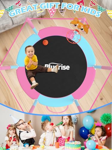 Image of BLUERISE 55IN 6FT Indoor /Outdoor Toddler Trampoline for Kids | Galvanized Steel Pipe,Multiple Activity Accessories,110lb,Safety Enclosure,Basketball Hoop,No-Gap Design,Anti-Rollover Bottom