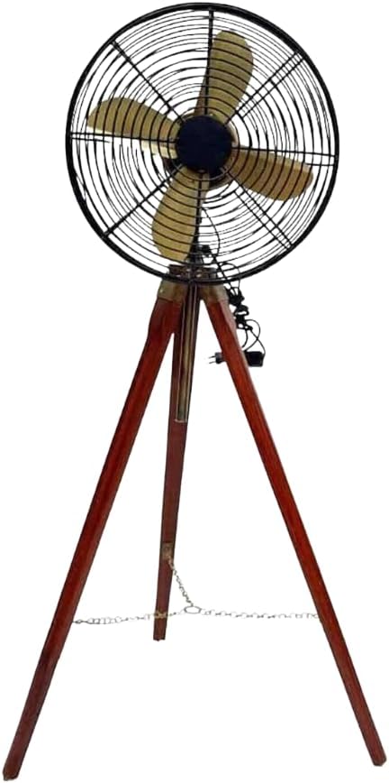Vintage Style Floor Fan with Wooden Tripod Stand, Black Antique Nautical Design, Height Adjustable