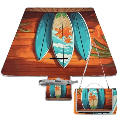 FekiLoot Surfboard on Wooden Picnic Blanket Outdoor Portable Foldable Mat, Soft Square Beach Mat, Lightweight Portable Camping Pad for Patio Backyard