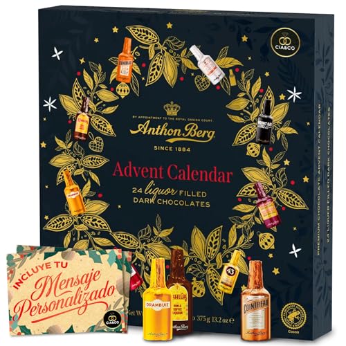 Calendarios de adviento de chocolate 76 Calendario de Adviento Anthon Berg 2025 · Formato Libro · 24 Mini Botellitas de Chocolate Negro Rellenas de Sabores Exclusivos · Incluye Tarjeta Personalizada Cia&Co · Regalo Gourmet de Navidad 375 gr