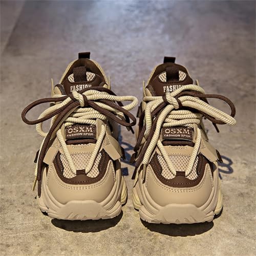 Womens Leather Platform Chunky Heels Sneakers Casual Breathable Lace Up Walking Dad Shoes Comfortable Fashion Sneakers3