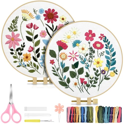 Image of TINDTOP Embroidery Kit for Adult, Owl Embroidery Kit for Beginners Include Embroidery Cloth Hoops Threads for Craft Lover Hand Stitch with Embroidery Skill Techniques (Florals) | 2 Pack Include Embroidery Cloth Hoops Threads for Craft Lover Hand Stitch with Embroidery Skill Techniques