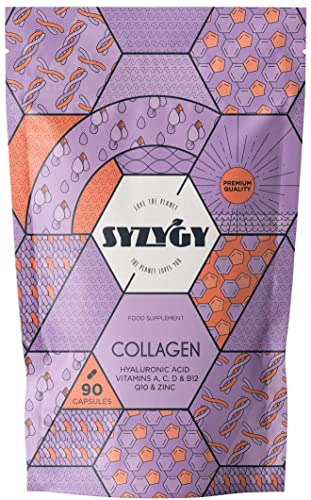 SYZYGY FOOD | Colágeno con Ácido Hialurónico, Coenzima Q10, Vitamina A, C, D, B12 y Zinc | 750mg | 90 Cápsulas para 90 Días | Energía, Articulaciones Fuertes | Colágeno Hidrolizado Fabricado en España Cover