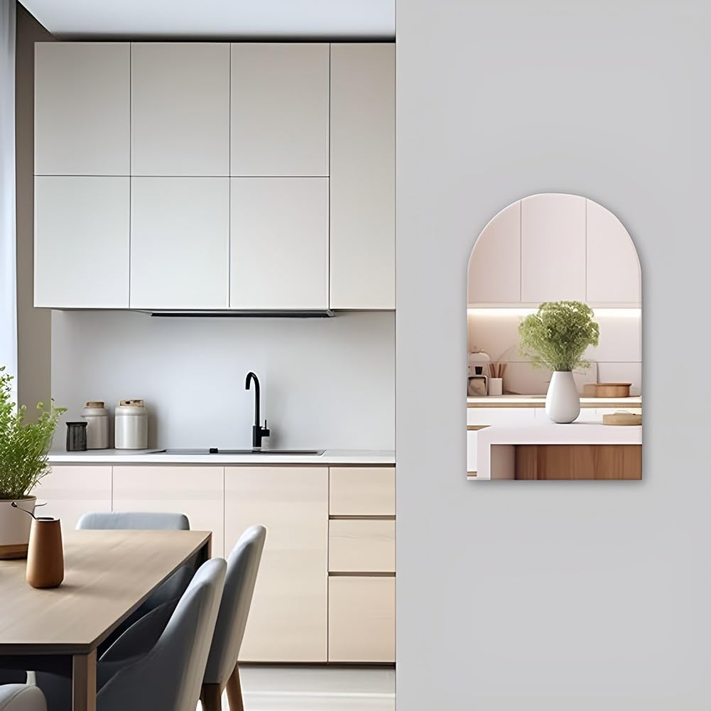 Specchio da Parete ad Arch per Bagno 50x30 cm, Senza Cornice, Specchio Adesivo Flessibile, Appendere Orizzontalmente o Verticalmente