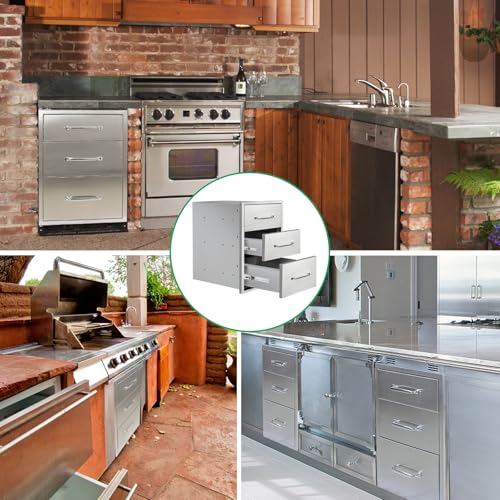 Image of Outdoor Kitchen Drawers 15.7 inch W x 21.6 inch H x 17.7 inch D Stainless Steel Triple Drawers with Ergonomic Handle for BBQ Island, Patio Grill Station & Outdoor Kitchen Cabinets