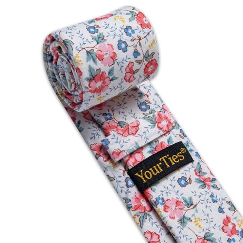 Image of YourTies Cotton Floral Tie for Men 2.5 inch Printed Skinny Necktie Pocket Square Tie Clip Set Flower Wedding Party Groom