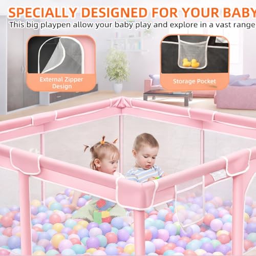 Image of ShivAnanta Baby Playpen for Home Indoor Kids Safety Play Fence with 30 Balls Mesh Play Area for 2+ Toddler Activity Zone Portable Baby Play Yard Anti Slip Child Play Space for Crawling Babies Secure Enclosure (Pink)