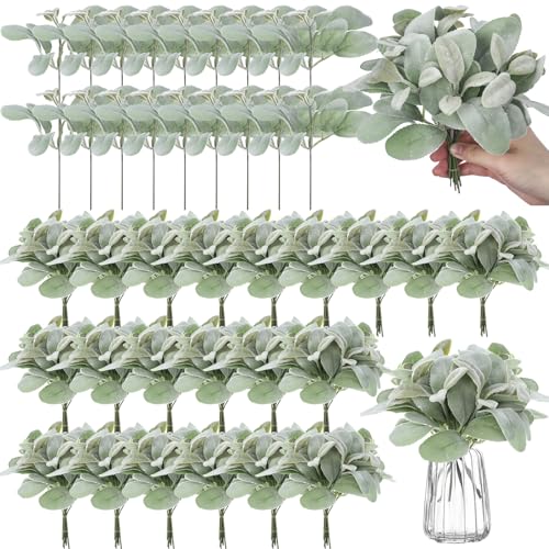XunYee 100 Pcs Artificial Flocked Lambs Ear Leaves Faux Greenery Stems Bulk Fake Flocked Oak Leaves Lambs Ear Leaf for DIY Wreath Wedding Flower Arrangement Table Decorations