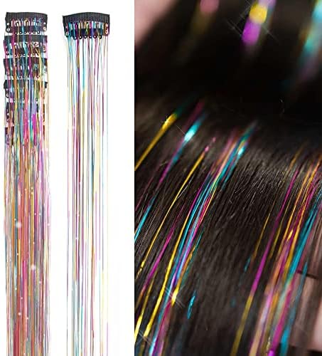 SEPTBEAM Clip in Hair Tinsel Extensions Sparkle & Highlights for Hair Rainbow 20.5 Inch 6 Pieces Synthetic Hair Extensions for Party, Christmas, New Year, Halloween, Cosplay(Rainbow)