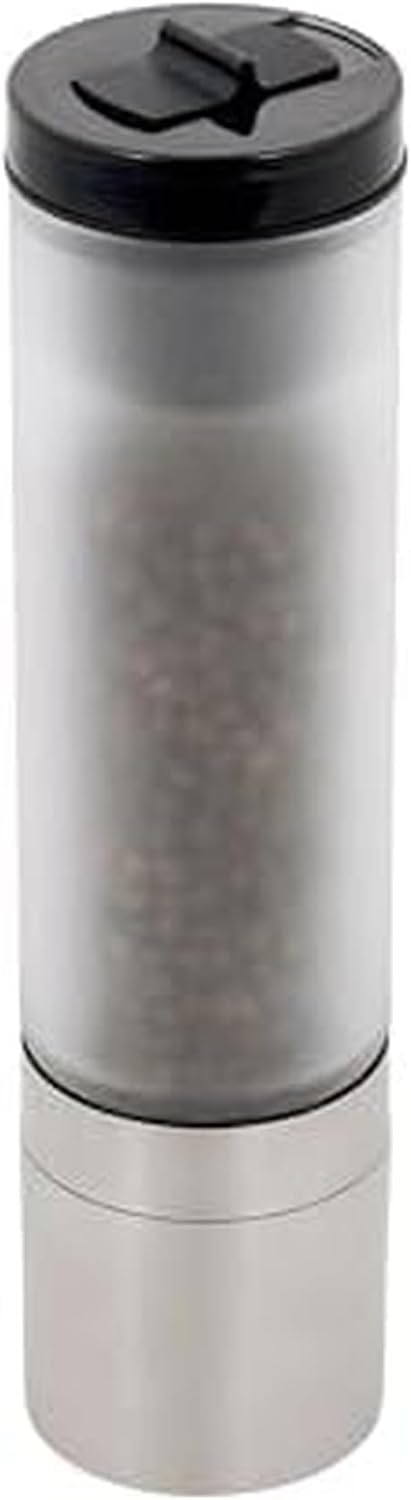Kamenstein Borosilicate Frosted Glass Grinder with Stainless Steel Accents, Pre-filled with Black Peppercorns, Integrated Salt Shaker, 8 Inch