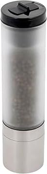 Kamenstein Borosilicate Frosted Glass Grinder with Stainless Steel Accents, Pre-filled with Black Peppercorns, Integrated Salt Shaker, 8 Inch